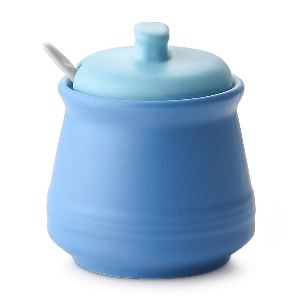 NWT Dowan Porcelain Bowl Jar Sugar Spices Honey Lid Spoon 12 Oz Matte Blue w Box